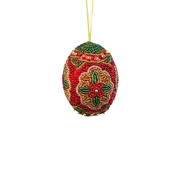 Vintage Beaded Egg Christmas Holiday Tree Ornament Red Green 4.5” x 8” - Picture 1 of 6